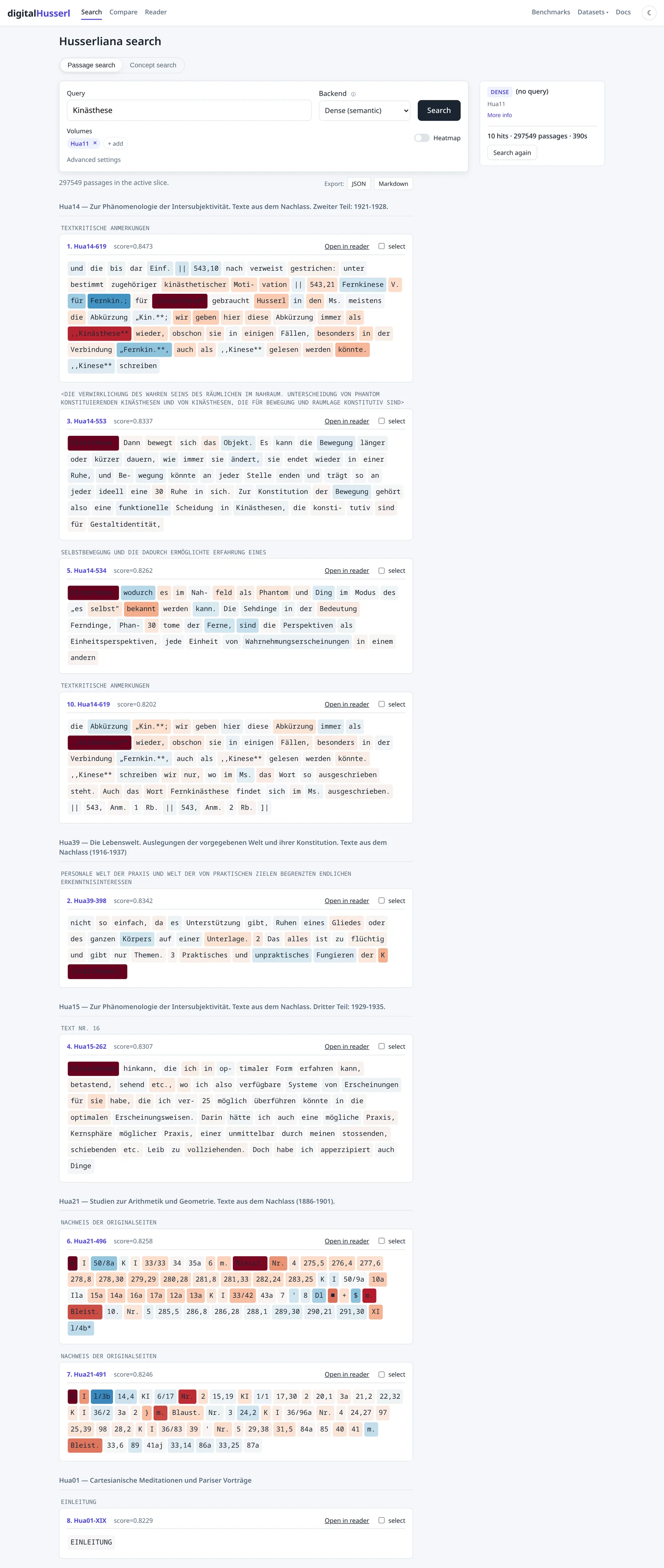 Search results for the Husserlian term Kinästhese, each retrieved passage tinted word by word according to how strongly it drove the match